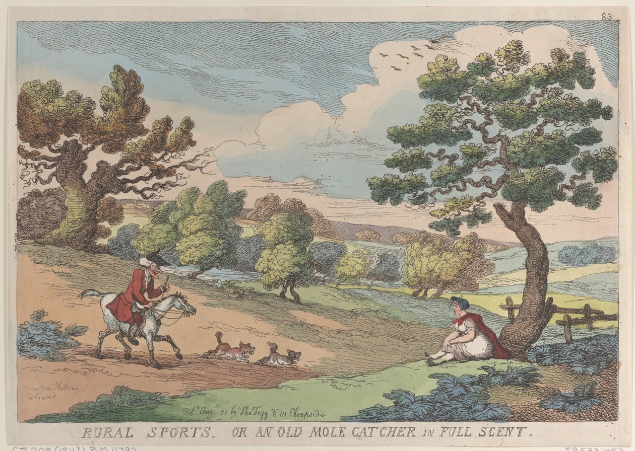 Esportes Rurais, ou um Old Mole Catcher in Full Scent, 31 de agosto de 1811., 31 de agosto de 1811. de Thomas Rowlandson