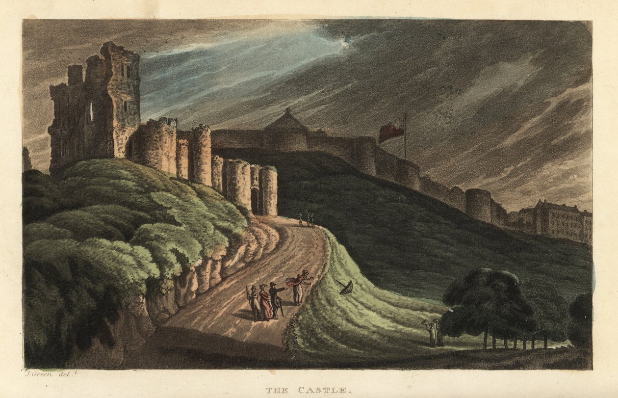 Castelo de Scarborough: turistas subindo a colina até o castelo de pedra do século XII. Gravura em chapa de cobre colorida à mão por Thomas Rowlandson depois de um esboço de J. Green dos Esboços Poéticos de Scarborough, Ackermann, Londres. de Thomas Rowlandson