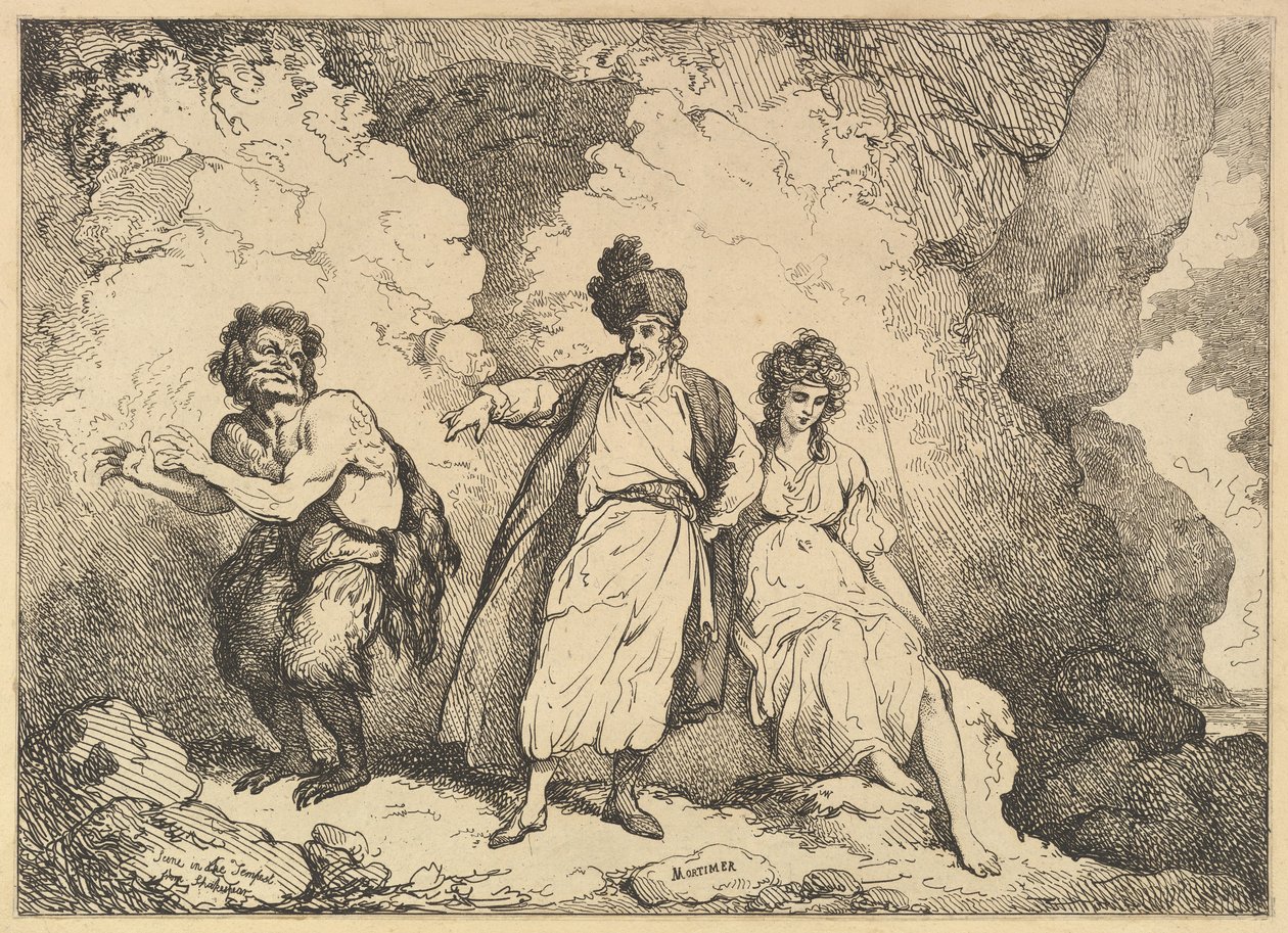 Cena da Tempestade: Caliban, Prospero e Miranda, [1783-87] reemitido em 1801. de Thomas Rowlandson