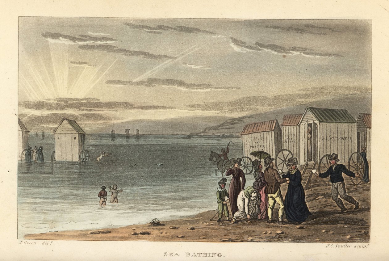 Banho de mar: mulheres nuas nadando no mar, e motores de banho sendo conduzidos para a água. Gravura em chapa de cobre colorida à mão por Thomas Rowlandson, aquatint por J.C. Stadler, depois de um esboço de J. Green dos Esboços Poéticos de Scarborough, Ack de Thomas Rowlandson