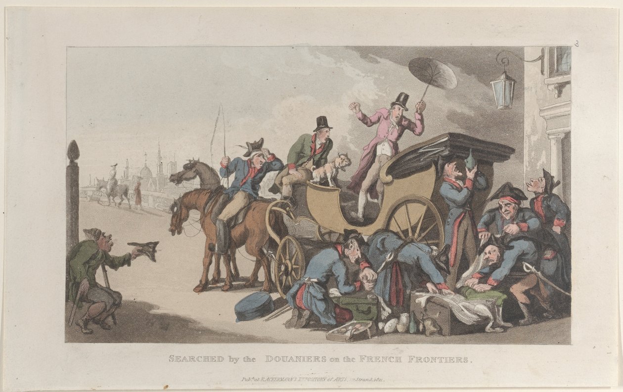 Pesquisado pelos Douaniers nas Fronteiras Francesas, do Journal of Sentimental Travels em..., 1821. de Thomas Rowlandson