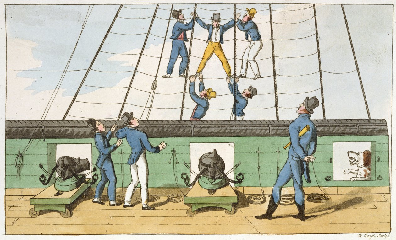 Apreendido no Rigging, prato de "As Aventuras de Johnny Newcome na Marinha", de John Mitford (1782-1831) gravado por W. Read, 1818 de Thomas Rowlandson