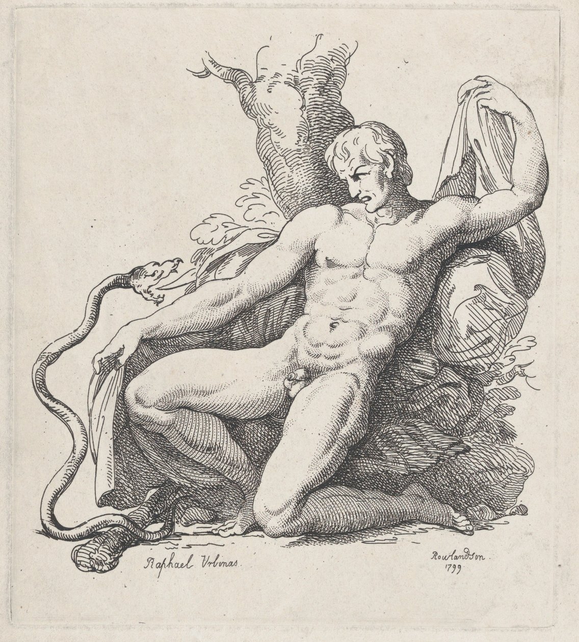 Serpente atacando um homem nu, 1799., 1799. de Thomas Rowlandson