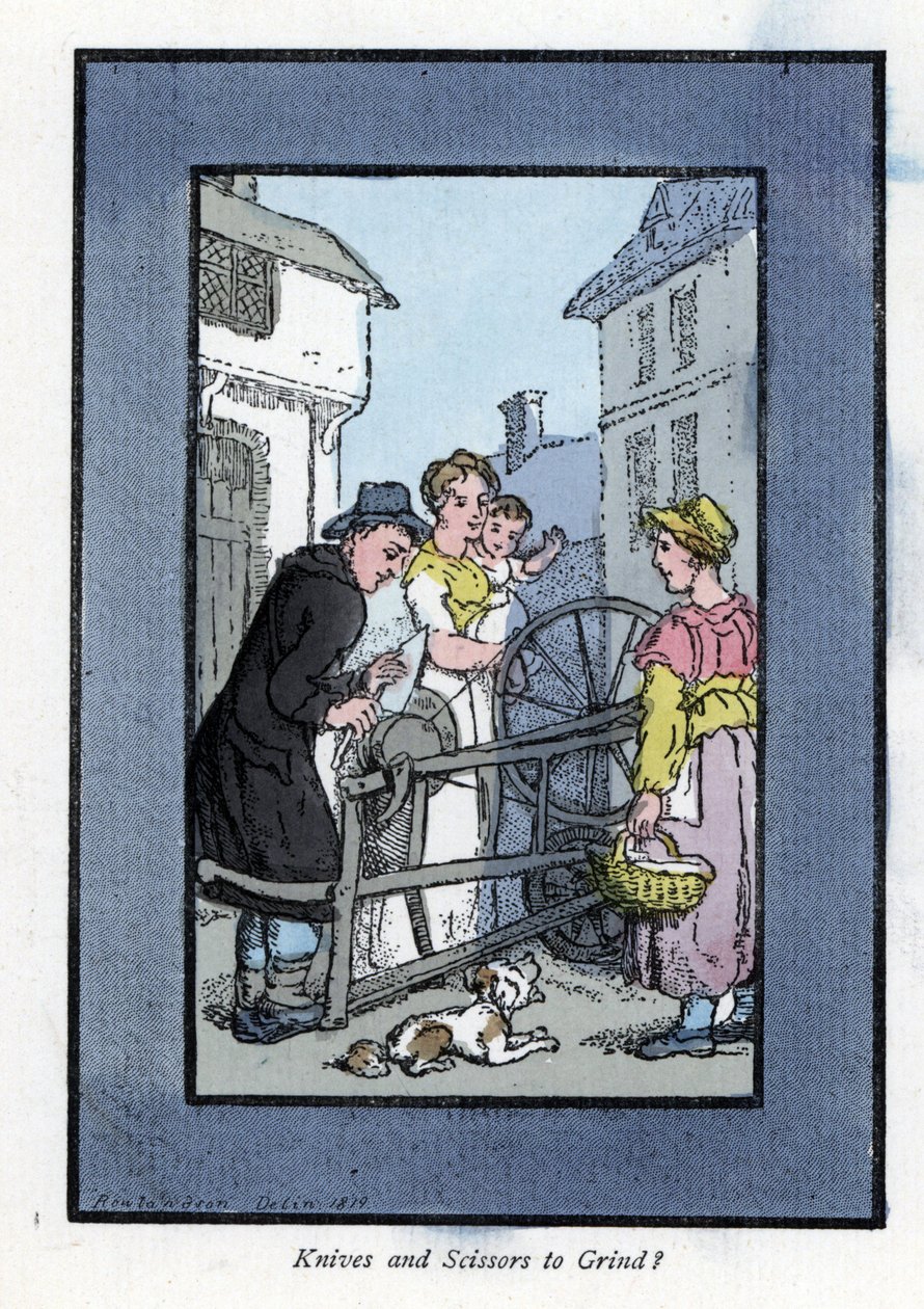 Afiador afiando uma faca na sua mó, com os seus clientes (1819). Gravura em madeira, baseada numa pintura de Thomas Rowlandson (1756-1827), publicada em The Cris of London: com seis crianças encantadoras e quase 40 ilustrações, de Andrew Tuer, Fiel de Thomas Rowlandson