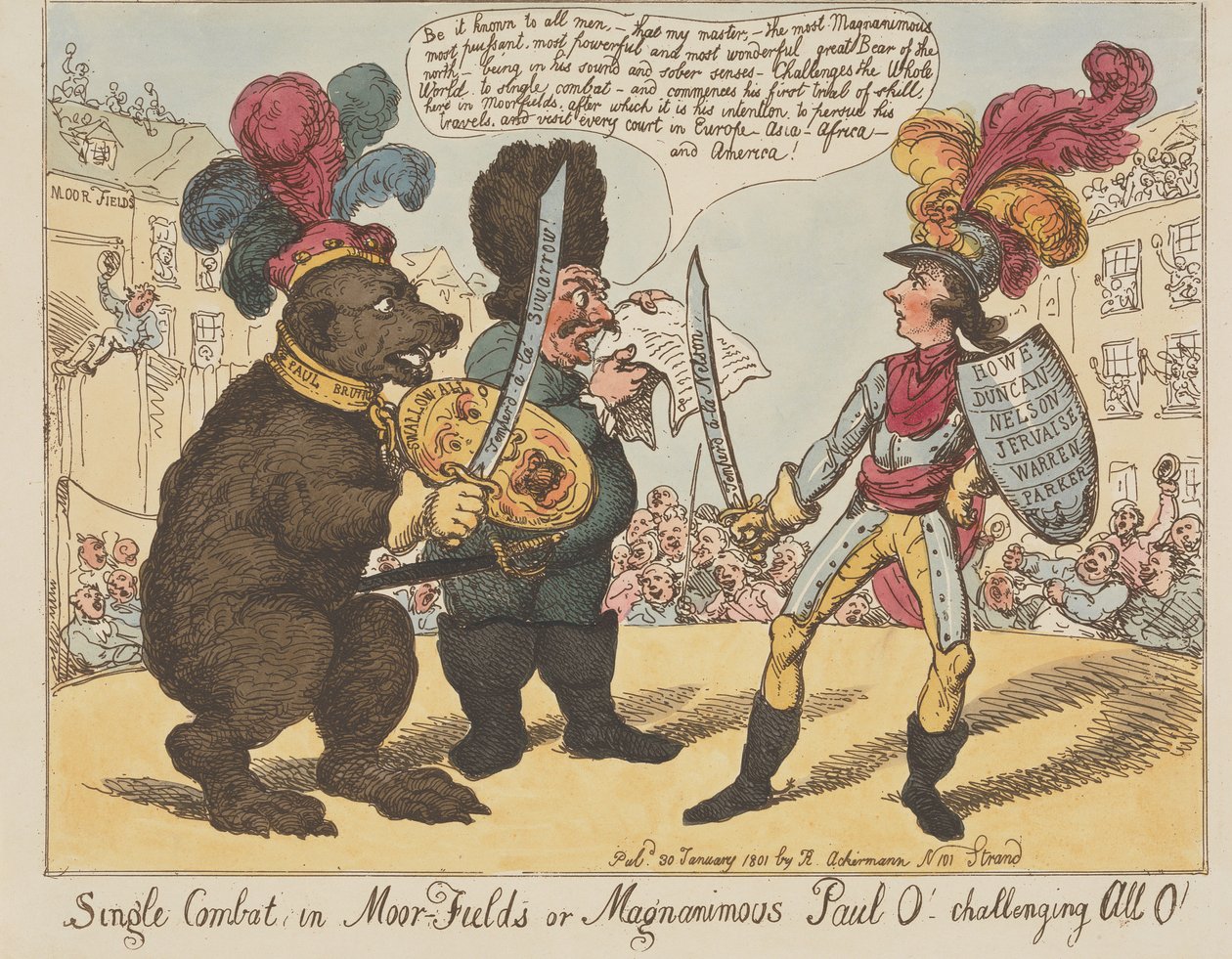 Combate Individual, em Moorfields, ou Paulo, o Magnânimo! — Desafiando todos os O! (de: Caricature, vol. 4) de Thomas Rowlandson