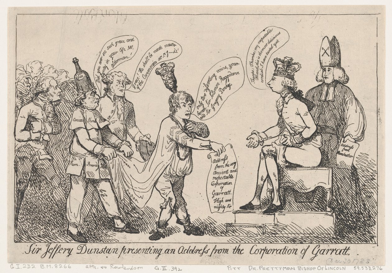 Sir Jeffery Dunstan a apresentar uma mensagem da Corporação de Garratt de Thomas Rowlandson