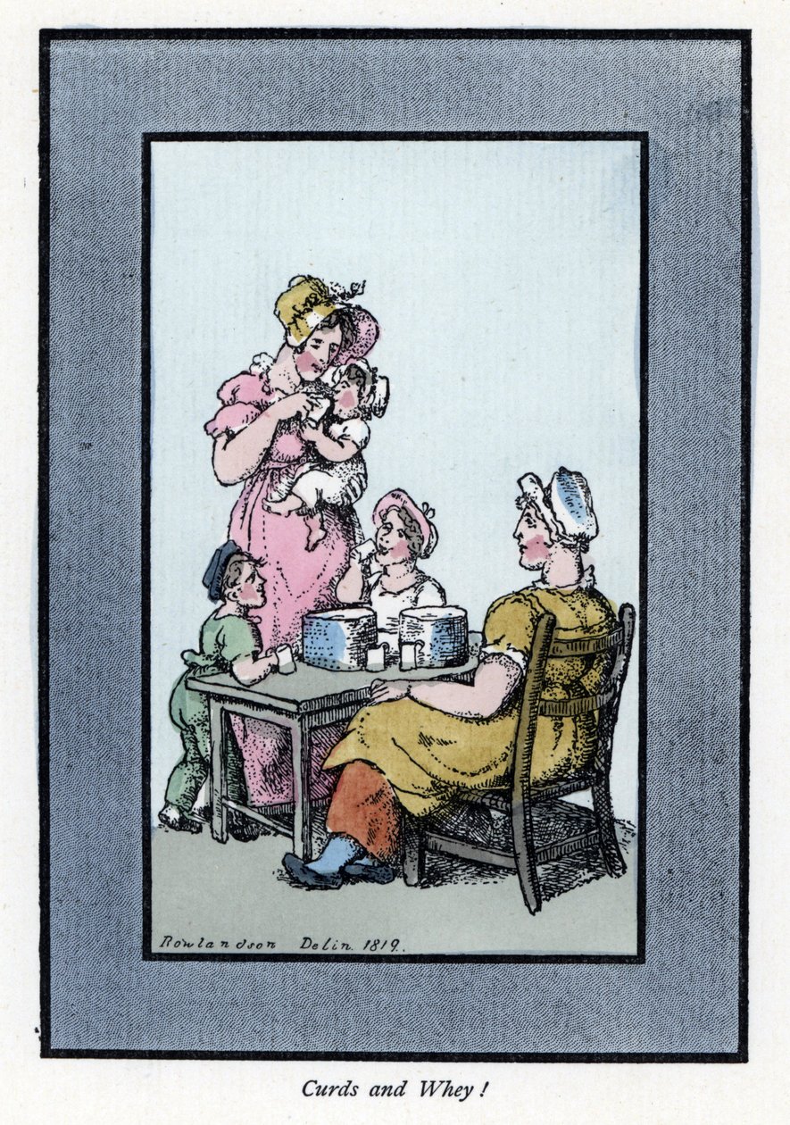 Mulher sentada vendendo leite de codorniz e leite tem mãe e filhos (1819). Gravura em madeira, baseada numa pintura de Thomas Rowlandson (1756-1827), publicada em The Cris of London: com seis encantadoras crianças e quase 40 ilustrações, de Andrew Tuer, Fi de Thomas Rowlandson
