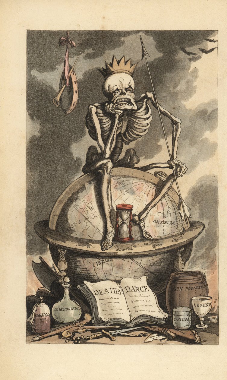 Esqueleto com coroa, lança e ampulheta sentados num globo acima de várias armas letais, pistolas, facas, venenos e drogas. Placa de cobre colorida à mão desenhada e gravada por Thomas Rowlandson de The English Dance of Death, Ackermann, Londres. de Thomas Rowlandson