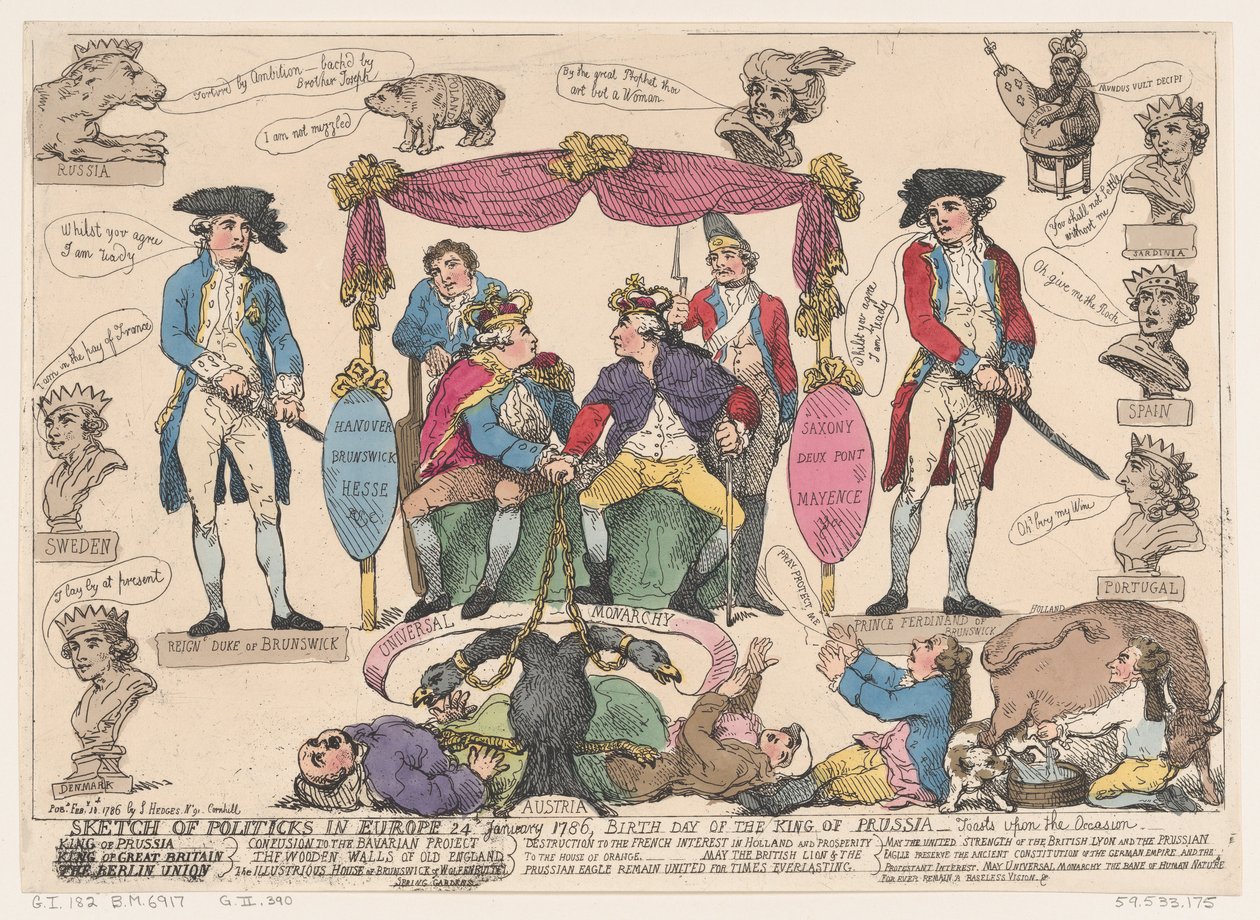 Esboço de Politiks na Europa, aniversário do rei da Prússia, 10 de fevereiro de 1786., 10 de fevereiro de 1786 de Thomas Rowlandson