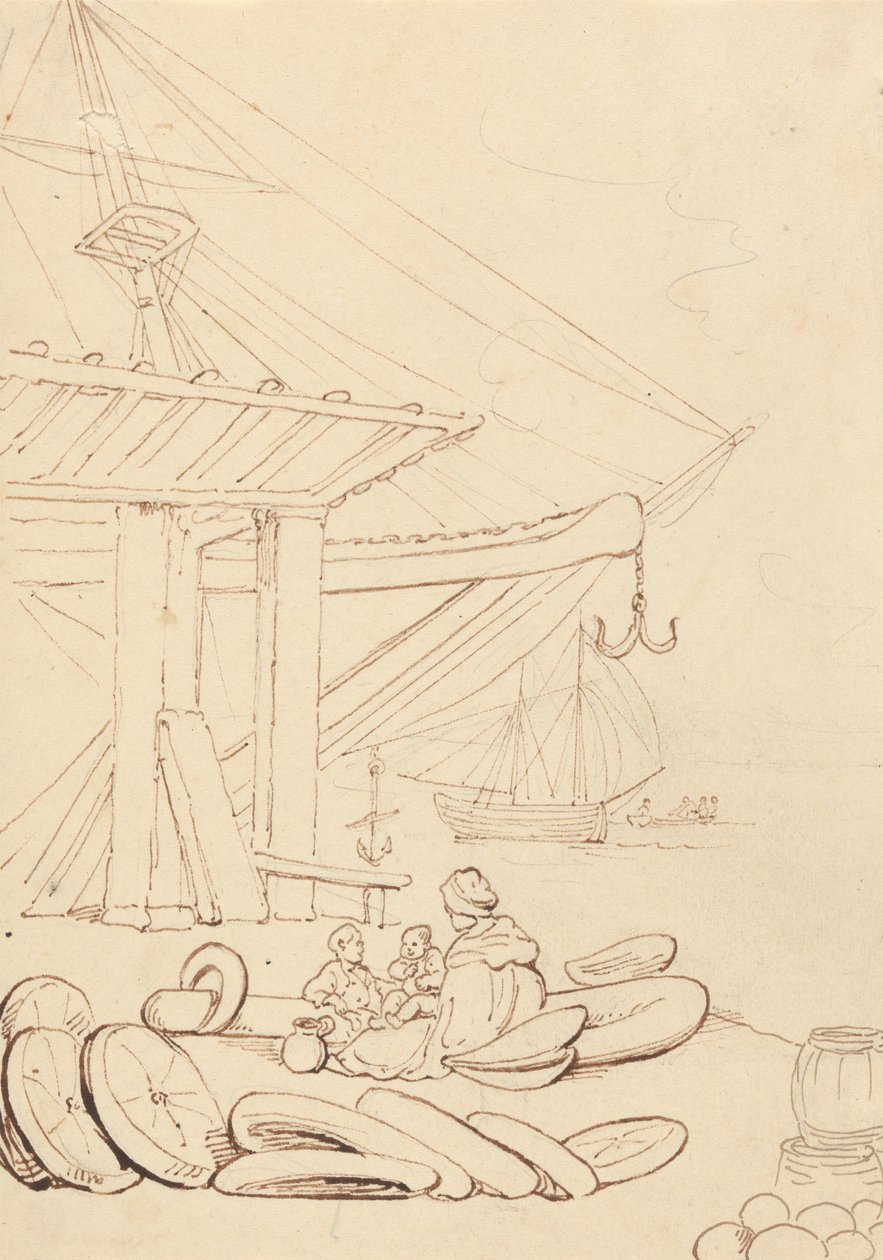 Esboço de uma mulher e crianças sentadas num cais de embarque de Thomas Rowlandson