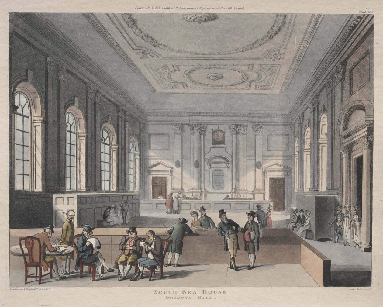 Casa do Mar do Sul, Dividend Hall, 1810. de Thomas Rowlandson