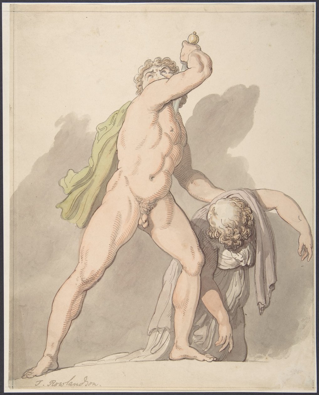 Homem nu em pé a apoiar uma mulher desmaiada (Gaul dos Ludovisi, nos Uffizi) de Thomas Rowlandson