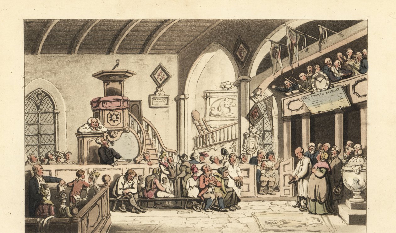 Culto dominical numa igreja do campo, Era da Regência de Thomas Rowlandson