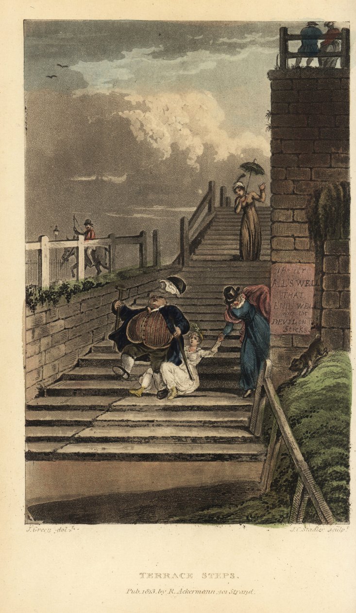 Passos de Terraço: turistas descem as escadas do Cliff Terrace. Gravura em chapa de cobre colorida à mão por Thomas Rowlandson, aquatint por J.C. Stadler, depois de um esboço de J. Green do Poetical Sketches de Scarborough, Ackermann, Londres de Thomas Rowlandson