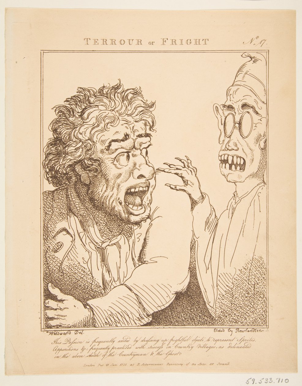 Terrour ou Fright Le Brun Travested, ou Caricaturas das Paixões, 21 de janeiro de 1800. de Thomas Rowlandson