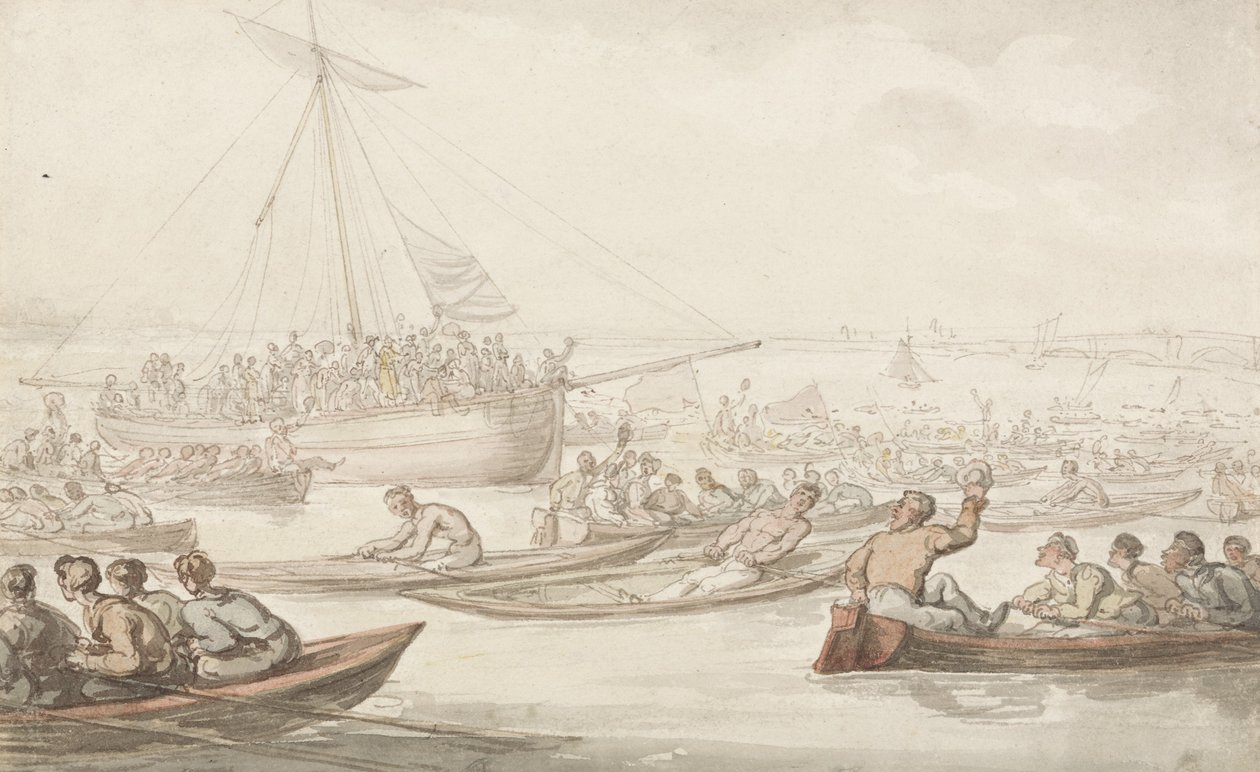 The Annual Sculling Race for Doggett&39;s Coat and Badge, c.1805-10 (lápis, caneta, tinta e aquarela sobre papel) de Thomas Rowlandson