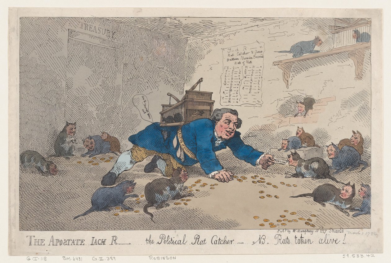 O apóstata Jack Robinson, o político Rat Catcher-N.B. Ratos capturados vivos!, março..., 1º de março de 1784. de Thomas Rowlandson