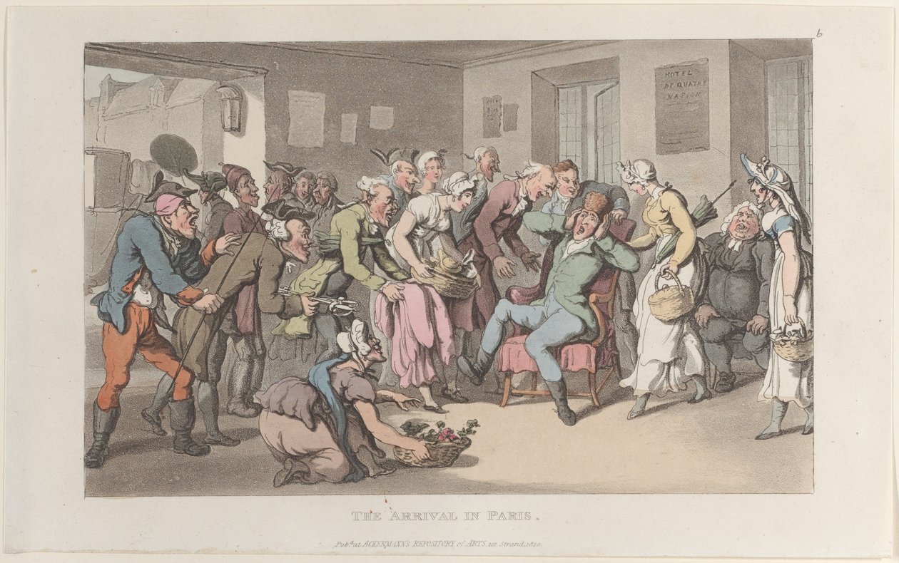 A Chegada a Paris, do Journal of Sentimental Travels in the Southern Provinces of Fr..., 1820. de Thomas Rowlandson