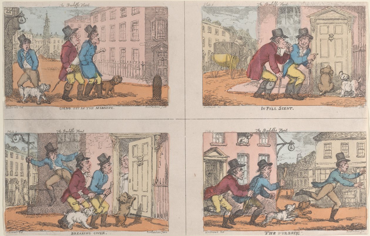 A caça do oficial de justiça: saindo de manhã, em pleno cheiro, quebrando a capa e The Pursu ..., 1809. de Thomas Rowlandson