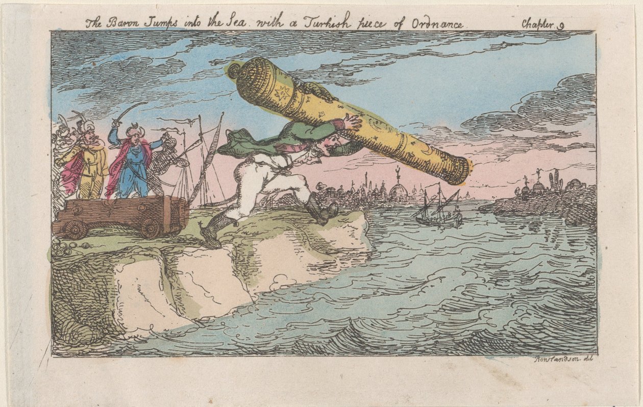 O barão salta para o mar com uma peça turca de artilharia, [1809], re..., [1809], reeditada em 1811. de Thomas Rowlandson