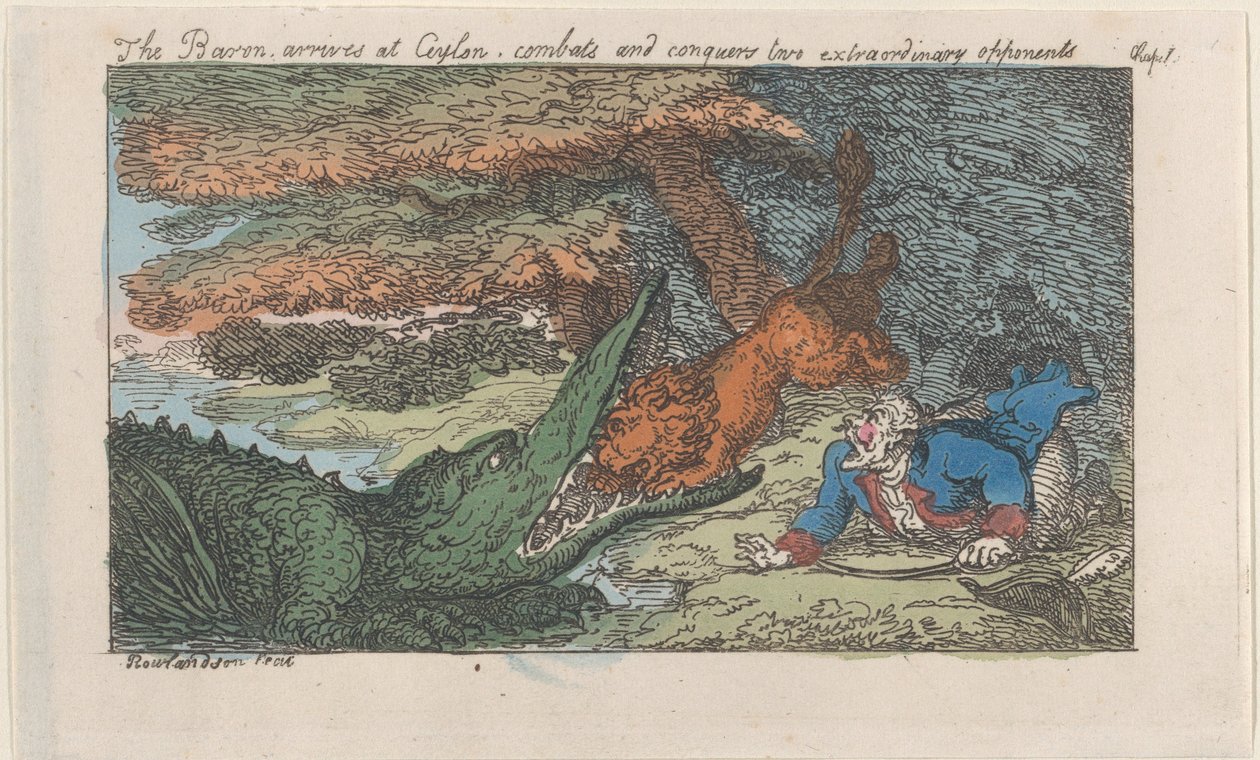 O Barão chega ao Ceilão, combate e conquista dois adversários extraordinários..., [1809], reeditado em 1811. de Thomas Rowlandson