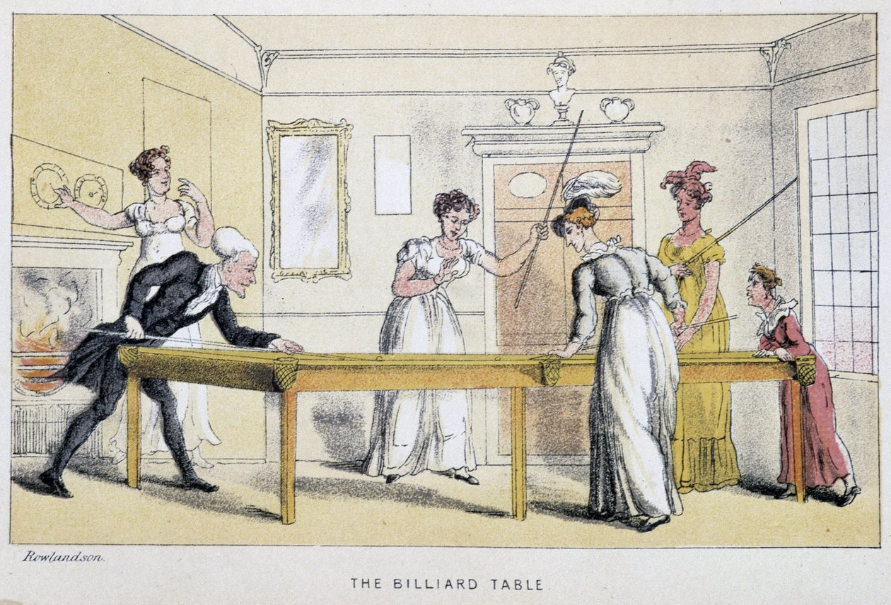 A Mesa Billard em "As três viagens do Doutor Sintaxe: uma busca do consolo pitoresco e uma esposa" de William Combe, ilustrado por Rowlandson. London Edition, John Camden Hotten, Picadilly de Thomas Rowlandson