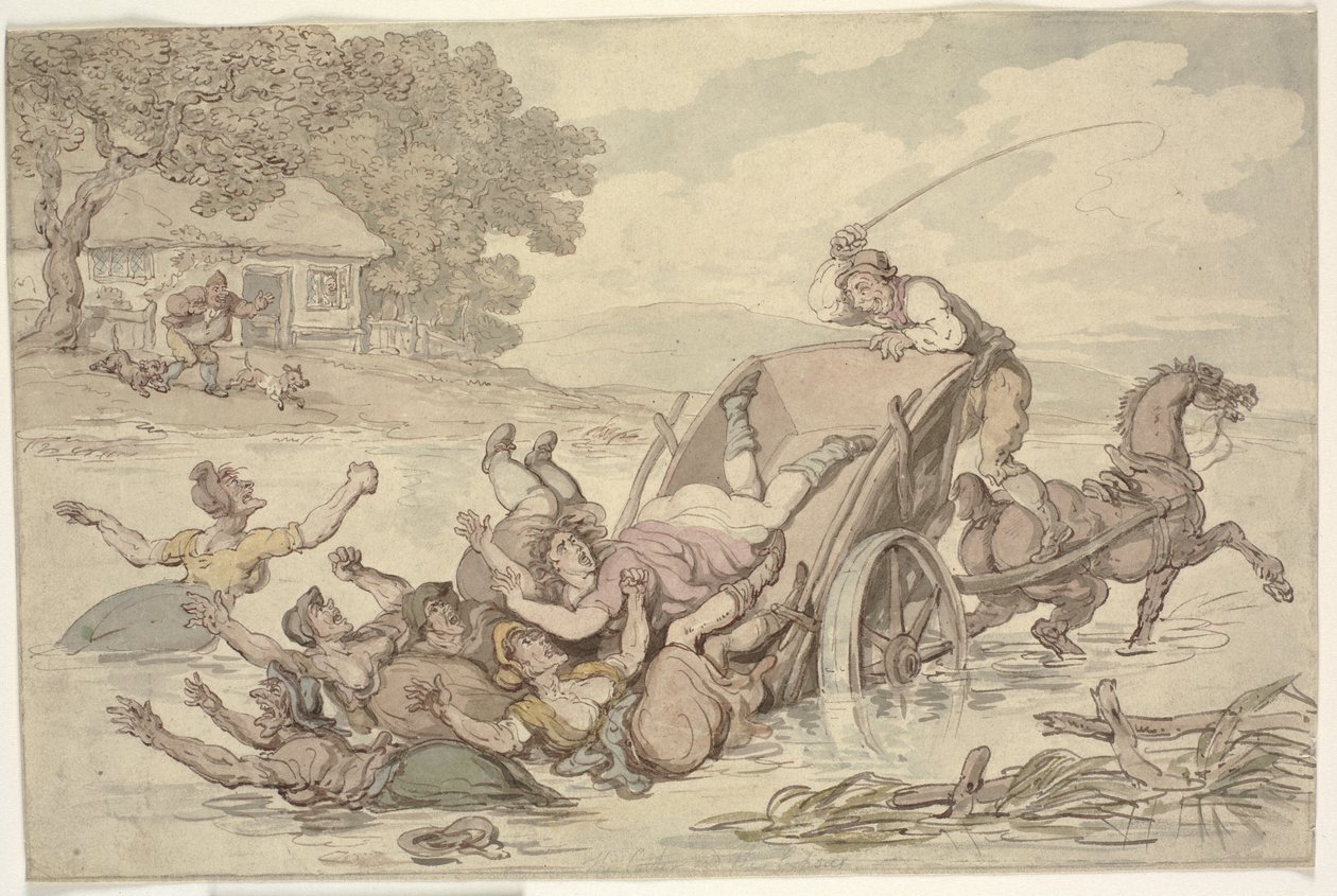 "The Carter and the Gypsies": Um carrinho virou em um riacho, derrubando um grupo de mulheres na água de Thomas Rowlandson