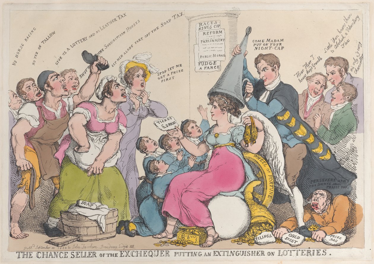 The Chance Seller of the Exchequer colocando um extintor em loterias, setembro..., 18 de setembro de 1823. de Thomas Rowlandson