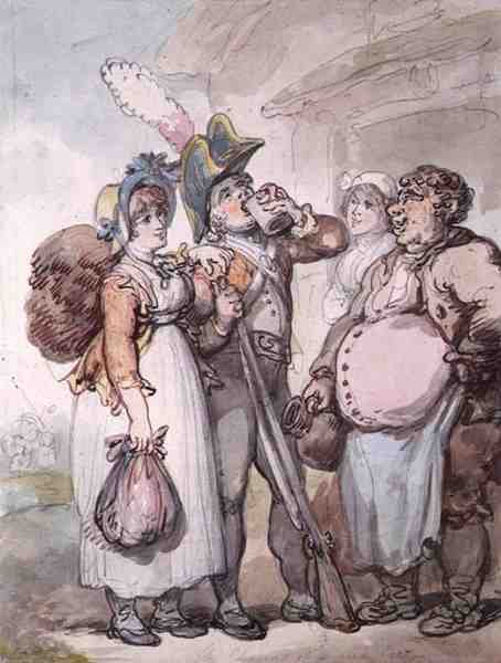 "Os encantos de um casaco vermelho" (caneta, aguarela e lápis sobre papel) de Thomas Rowlandson