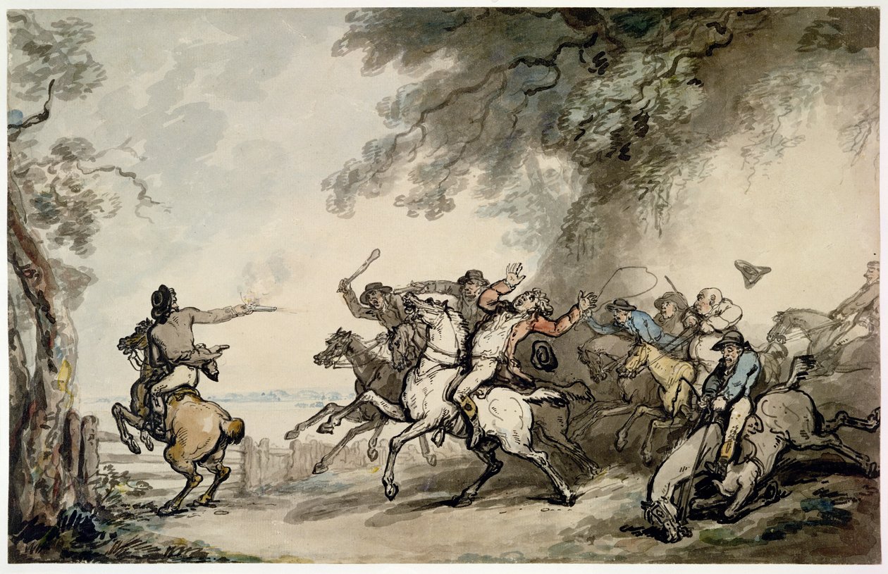The Chase of the Highwayman, c.1790 (caneta, tinta, wc e lápis sobre papel) de Thomas Rowlandson