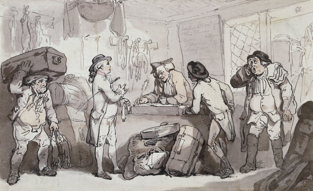 O escritório de reservas de treinadores: Thomas Rowlandson e Henry Wigstead Booking Your Passage, de Thomas Rowlandson