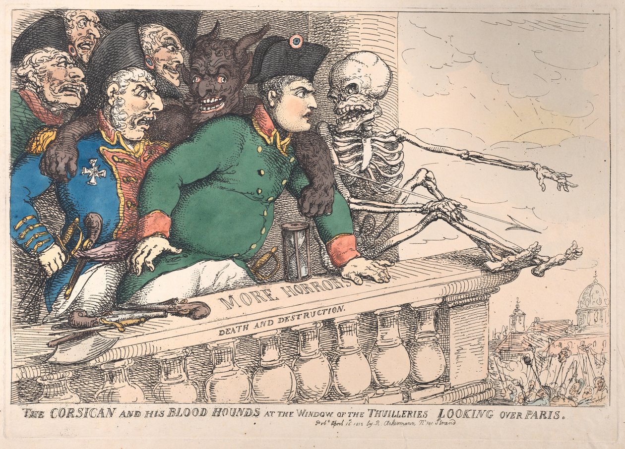 O corso e seus cães de caça na janela das Thuilleries olhando por cima de P..., 16 de abril de 1815. de Thomas Rowlandson