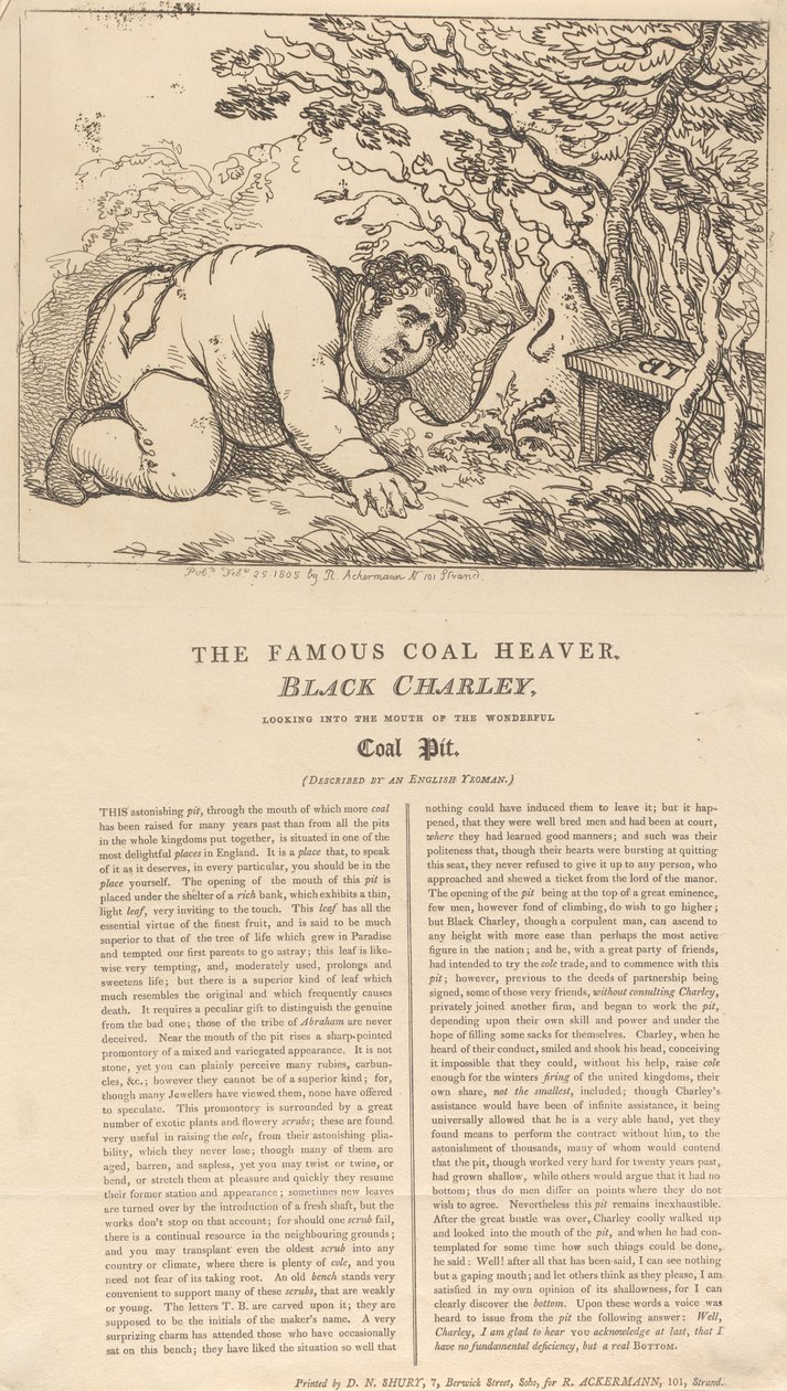 O famoso carregador de carvão, Black Charley, a olhar para a boca da maravilhosa mina de carvão de Thomas Rowlandson