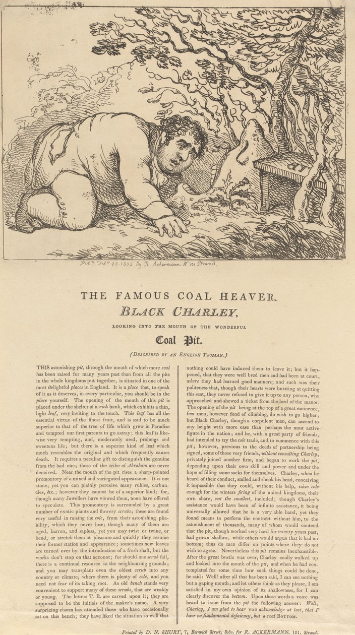 O famoso carregador de carvão negro, Black Charley, a olhar para a boca da maravilhosa mina de carvão de Thomas Rowlandson