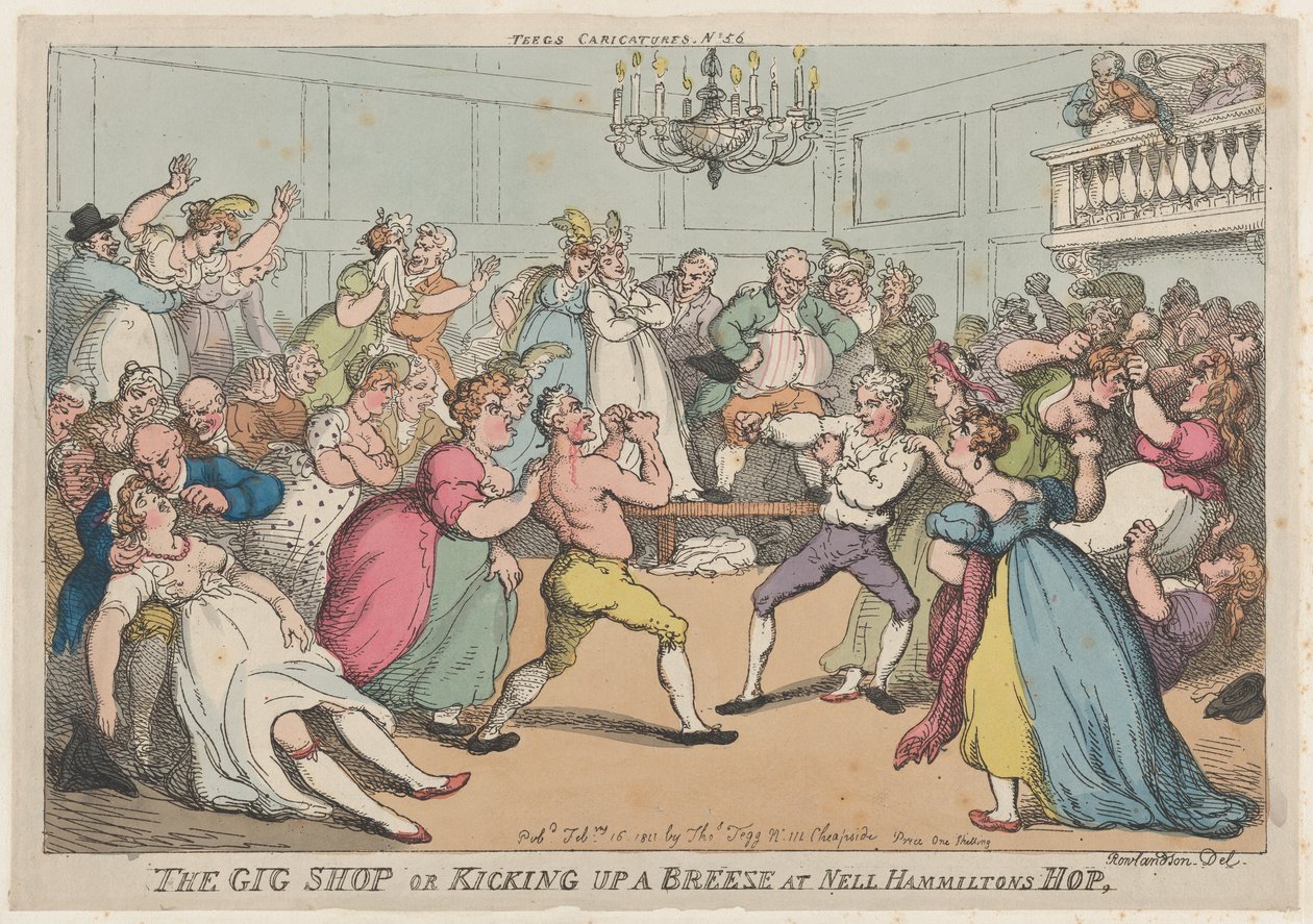 The Gig Shop ou Kicking Up a Breeze at Nell Hammiltons Hop, 16 de fevereiro de 1811., 16 de fevereiro de 1811. de Thomas Rowlandson
