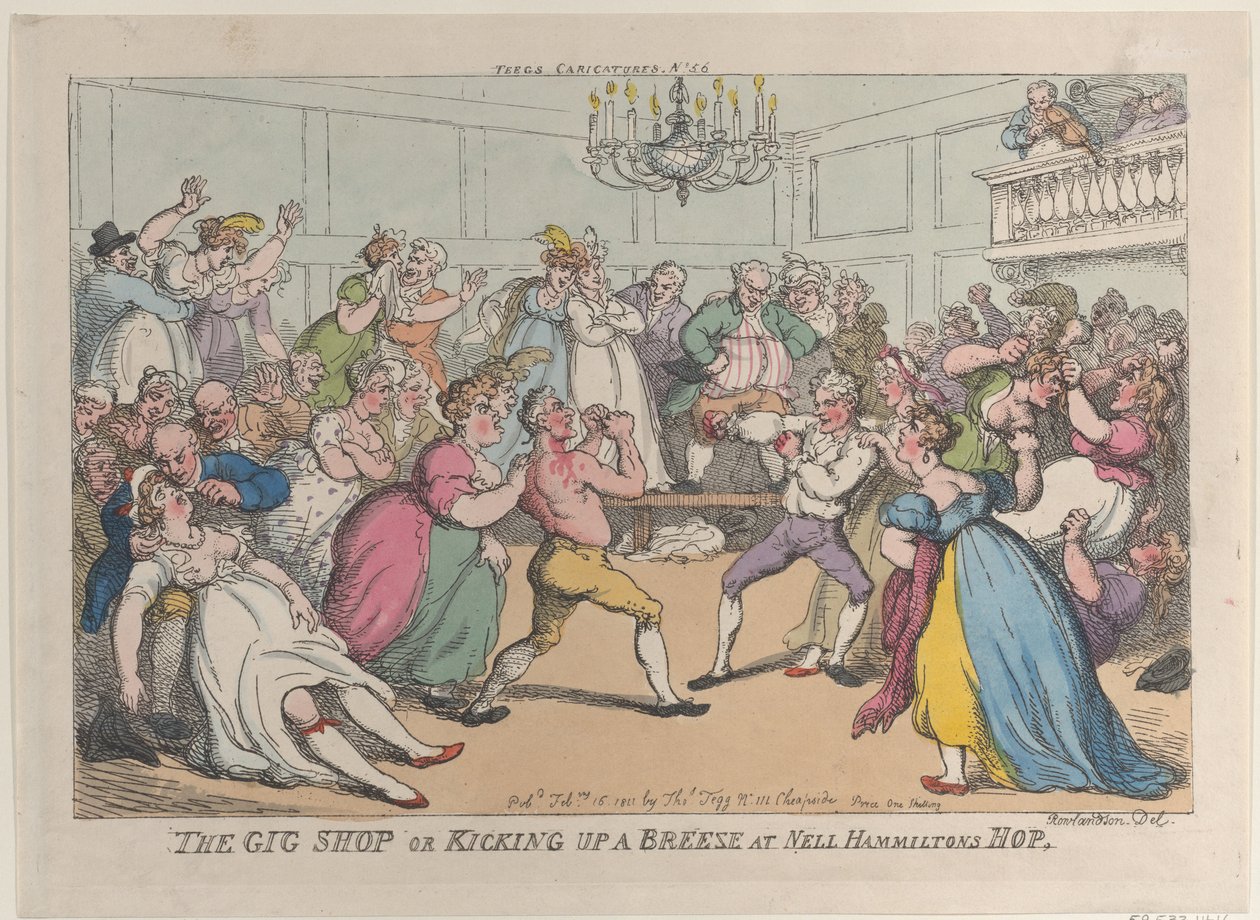 The Gig Shop ou Kicking Up a Breeze at Nell Hammiltons Hop, 16 de fevereiro de 1811., 16 de fevereiro de 1811. de Thomas Rowlandson