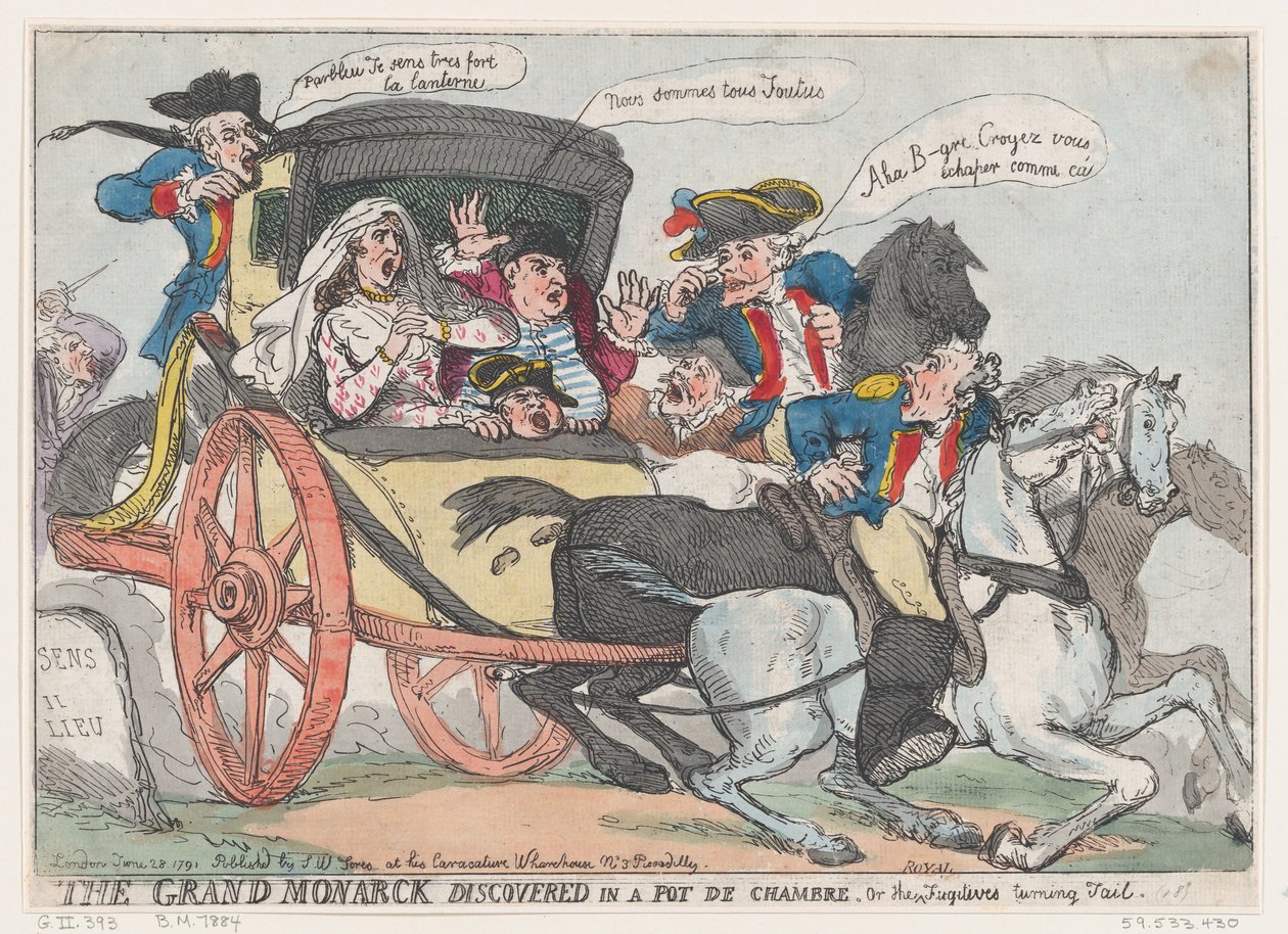 O Grand Monarck Descoberto em um Pot de Chambre, ou The Fugitives Turning Tail, ..., 28 de junho de 1791. de Thomas Rowlandson