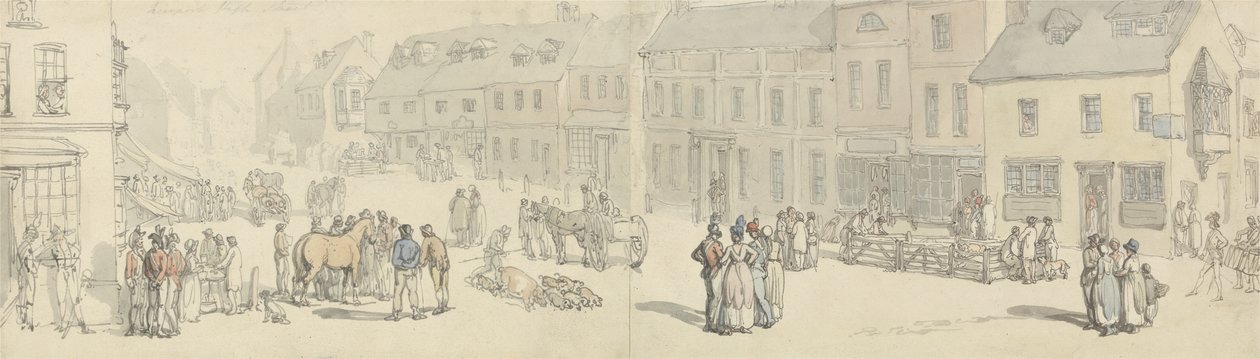 A rua principal no dia do mercado, Newport, ilha do Wight, c.1797-1800 (pena & tinta & wc no papel) de Thomas Rowlandson