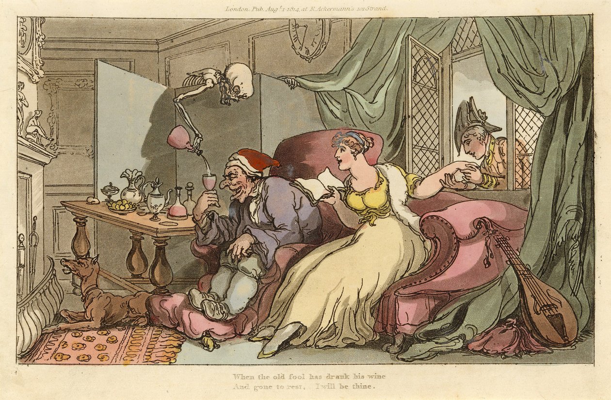 A lua de mel, da dança inglesa da morte, bar. 1816 (gravura colorida à mão) de Thomas Rowlandson