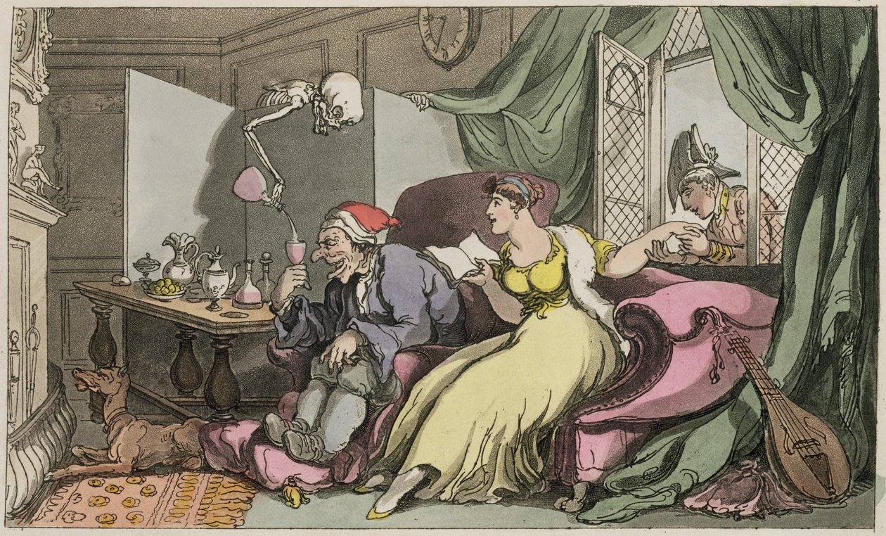 A lua de mel, ilustração "da dança inglesa da morte", bar. por R. Ackermann (gravura a cores) de Thomas Rowlandson