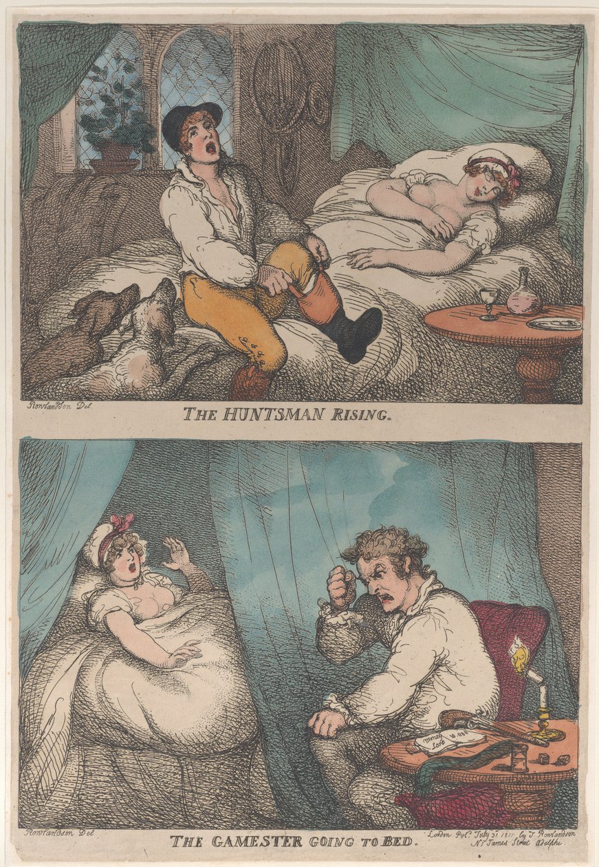 The Huntsman Rising, The Gamester Going to Bed, [31 de julho de 1809],..., [31 de julho de 1809], reeditado em 1811. de Thomas Rowlandson