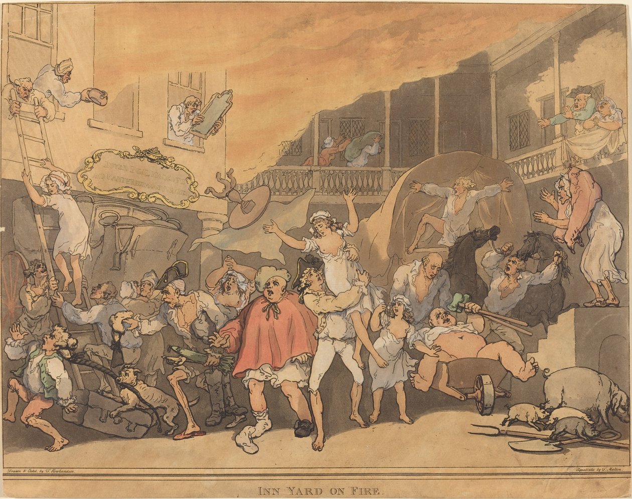 O pátio da pousada em chamas de Thomas Rowlandson