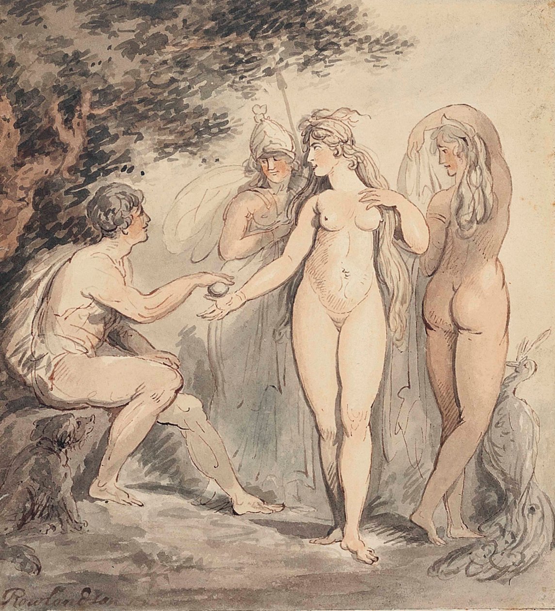 O Julgamento de Paris, assinado "Rowlandson" (em baixo à esquerda), caneta e tinta castanha e aguarela, 7 ¼ x 6 ¾ in. (18,4 x 17,2 cm.) de Thomas Rowlandson