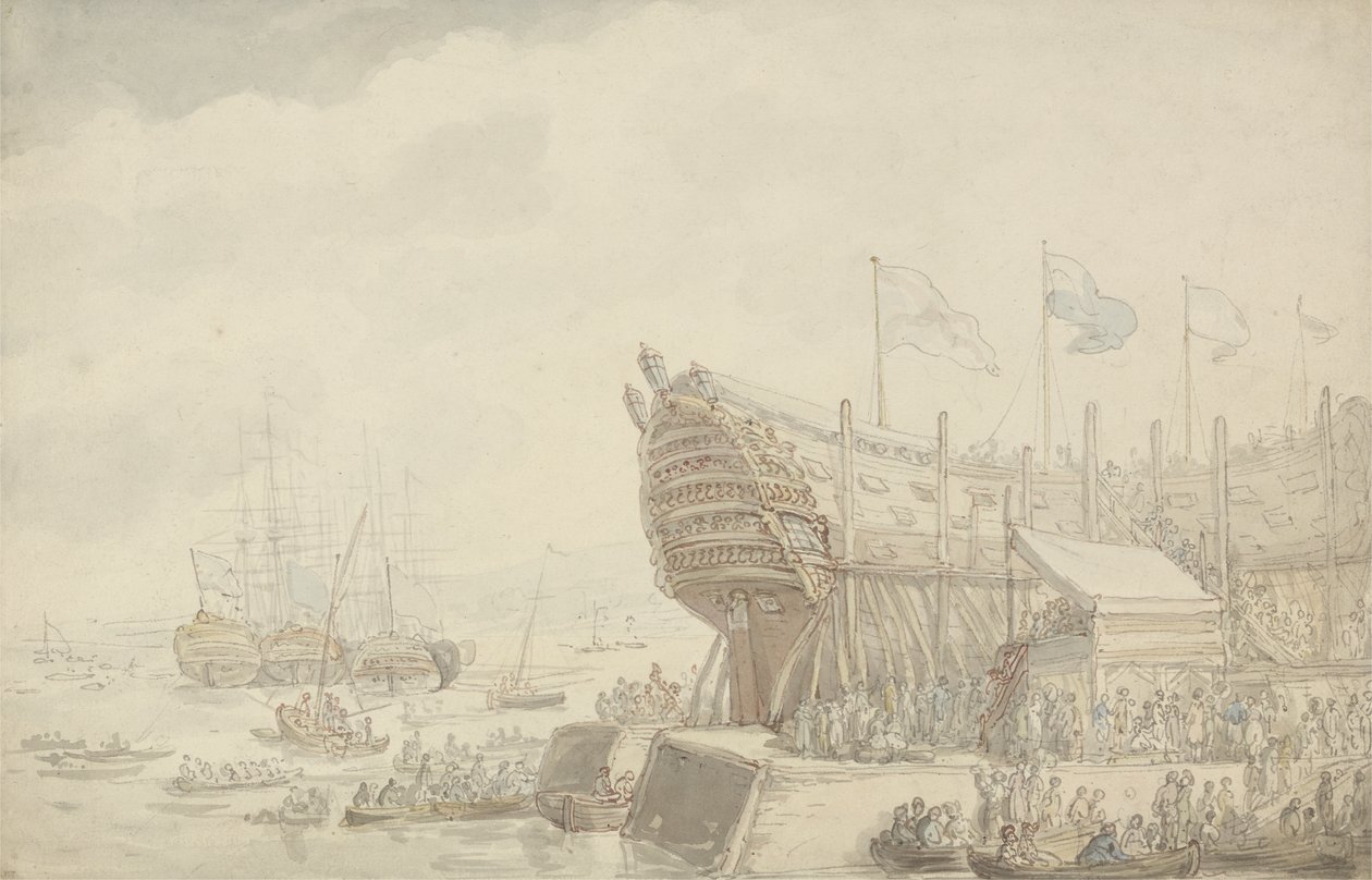 O lançamento do HMS &39;Hibernia&39; em Devonport, c.1804 (caneta e tinta e aquarela sobre papel) de Thomas Rowlandson