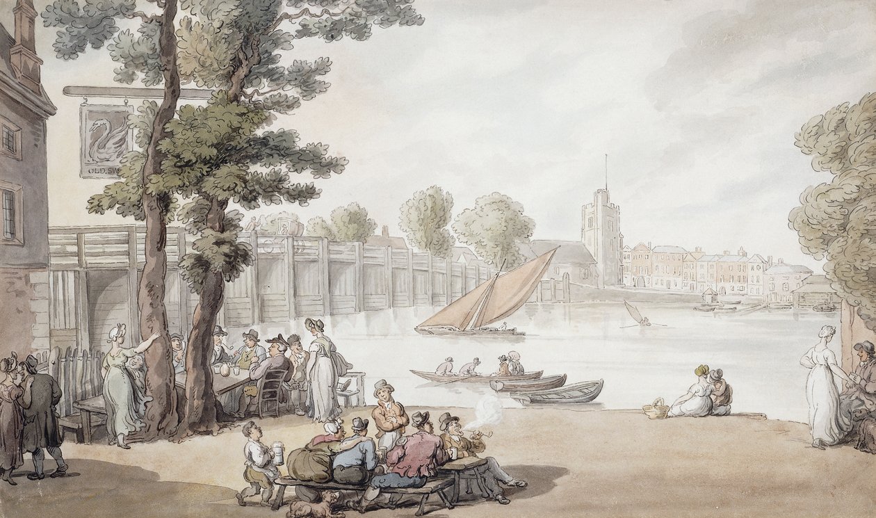 The Old Swan Inn, com vista para a ponte Putney além, de Thomas Rowlandson