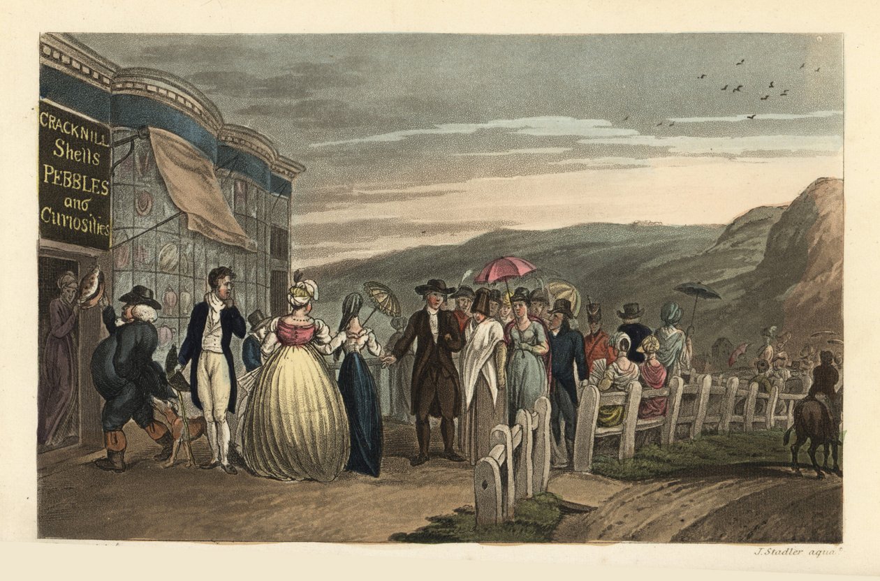 A Promenade: turistas da moda passeando fora da Cracknill Shells, Pebbles and Curiosities Shop. Gravura em chapa de cobre colorida à mão por Thomas Rowlandson, aquatint por J.C. Stadler, depois de um esboço de J. Green dos Esboços Poéticos de Scarborough,  de Thomas Rowlandson