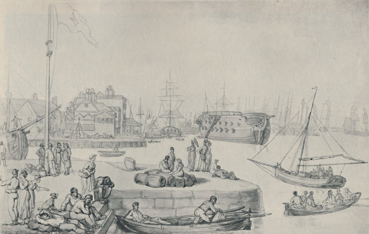 O cais, docas de Blackwall, 1810, 1920 de Thomas Rowlandson