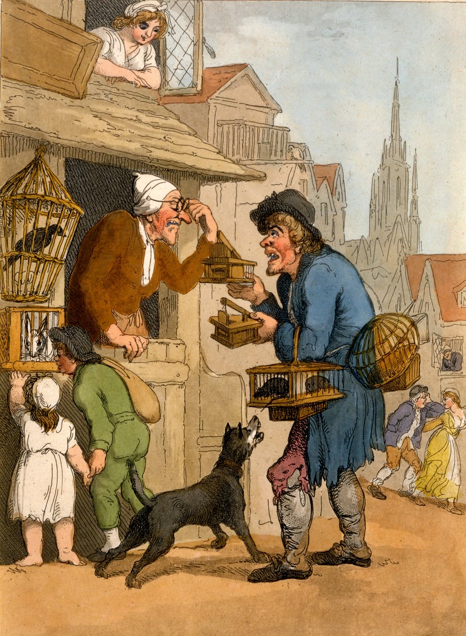 O vendedor de armadilhas de ratos de Cries of London, 1799 (aquatinta colorido à mão) de Thomas Rowlandson