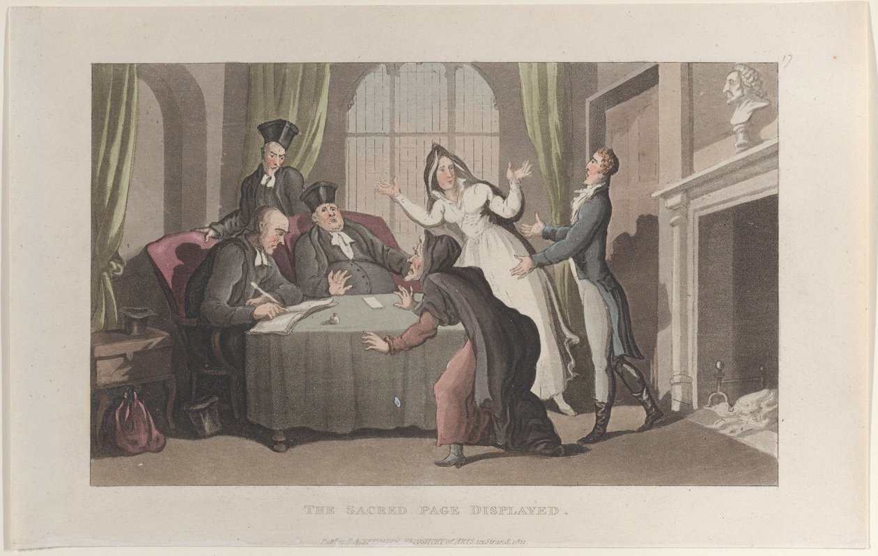 A página sagrada exibida, do Journal of Sentimental Travels in the Southern Provinces ..., 1821. de Thomas Rowlandson