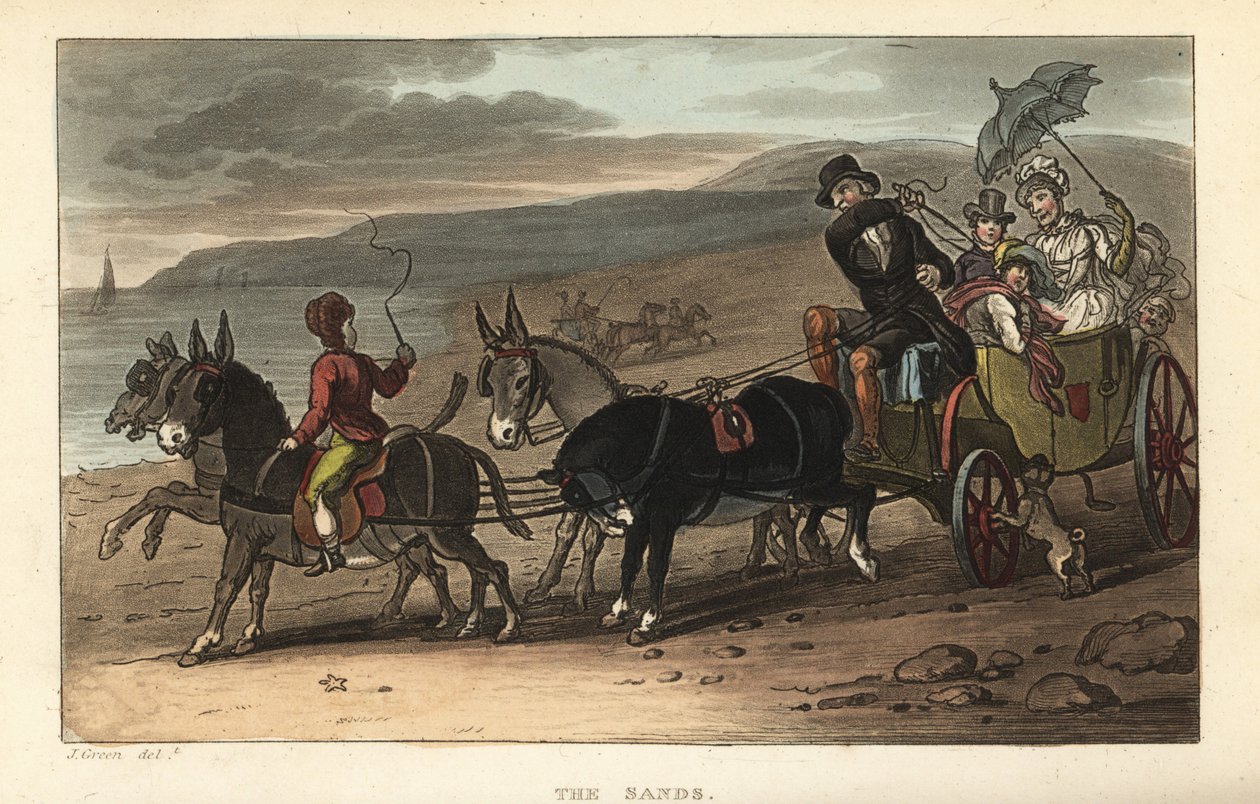 As Areias: turistas em um barouche desenhado por burros na praia. Gravura em chapa de cobre colorida à mão por Thomas Rowlandson depois de um esboço de J. Green do Poetical Sketches de Scarborough, Ackermann, Londres de Thomas Rowlandson